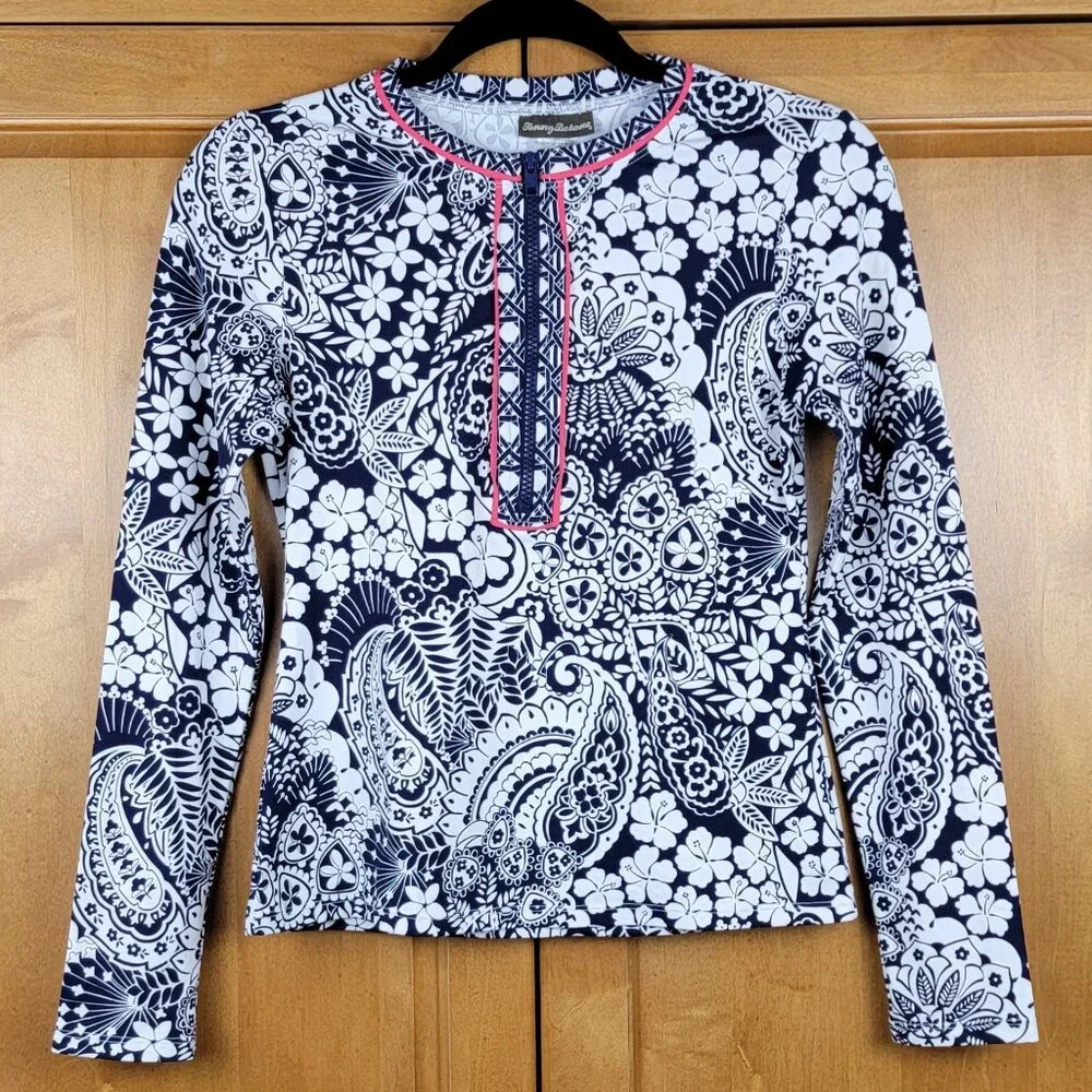 Tommy Bahama Paisley Paradise Navy & White Half Zip Rash Guard Swim Shirt - XS - Picture 2 of 10